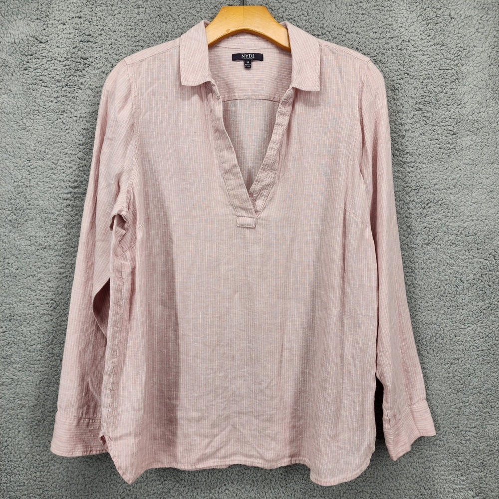 NYDJ Women's Medium Linen Pink Striped Long Sleeve Split Neck Casual‎ Blouse Top
